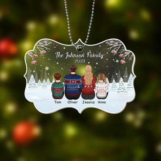 1412OUS2 personalized family back view in snow ornament