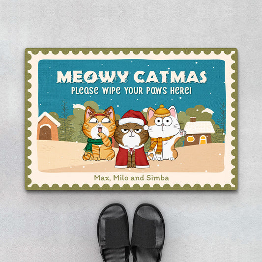 1428DUS1 personalized meowy catmas please wipe your paws here doormat