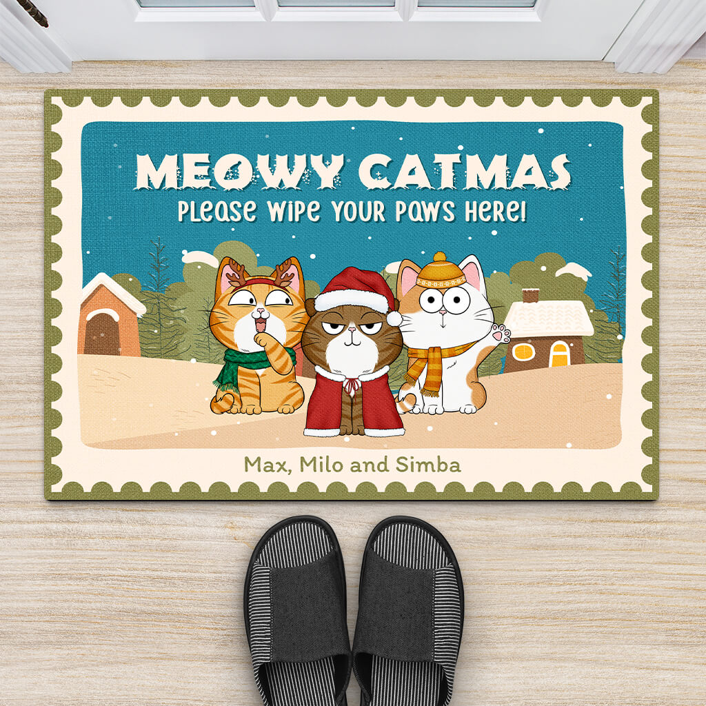 1428DUS2 personalized meowy catmas please wipe your paws here doormat