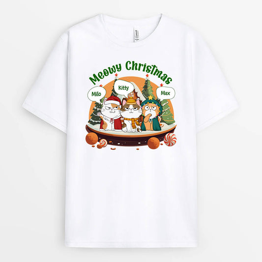 1446AUS1 personalized meowy christmas with cookie house t shirt