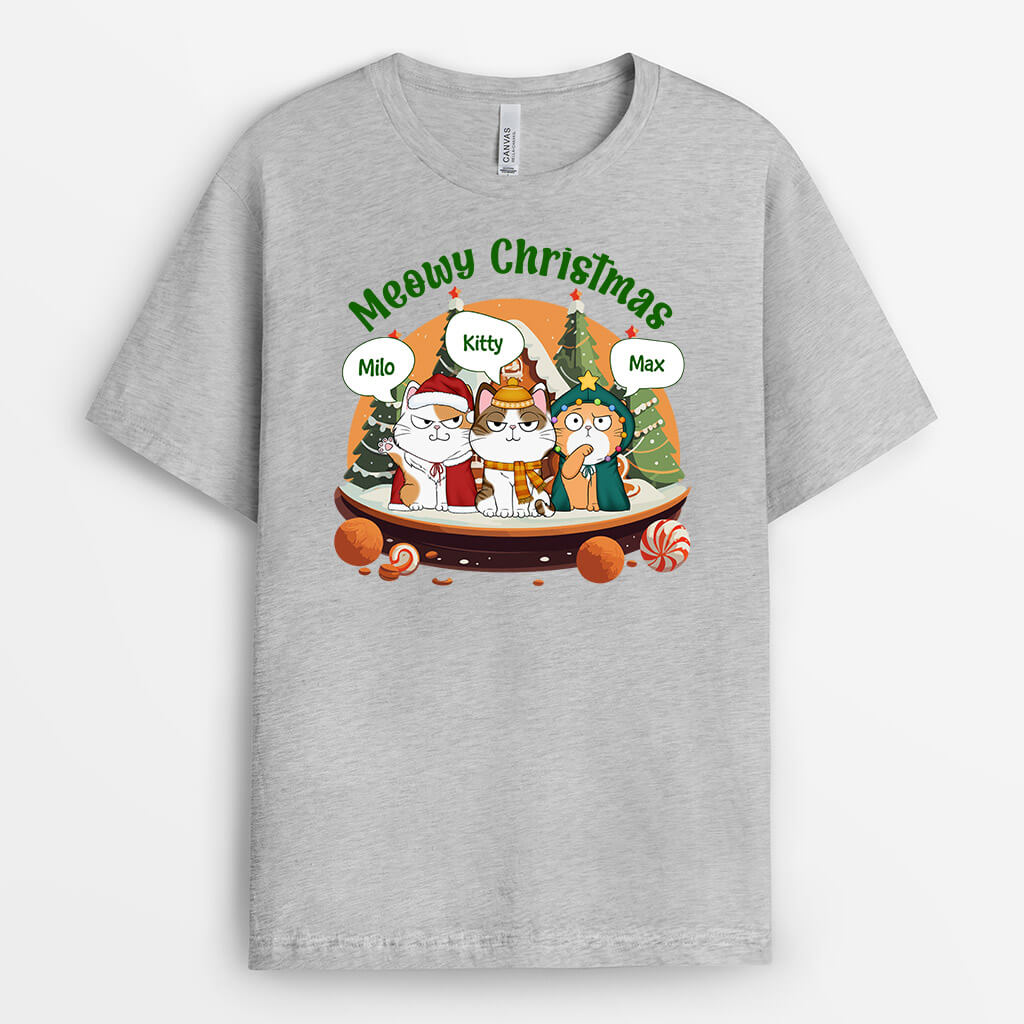 1446AUS2 personalized meowy christmas with cookie house t shirt