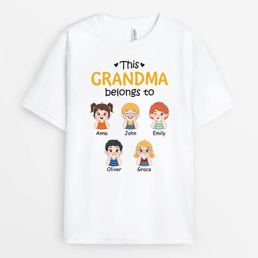 1517AUS1 personalized this grandma belongs to kids with hands on chin t shirt