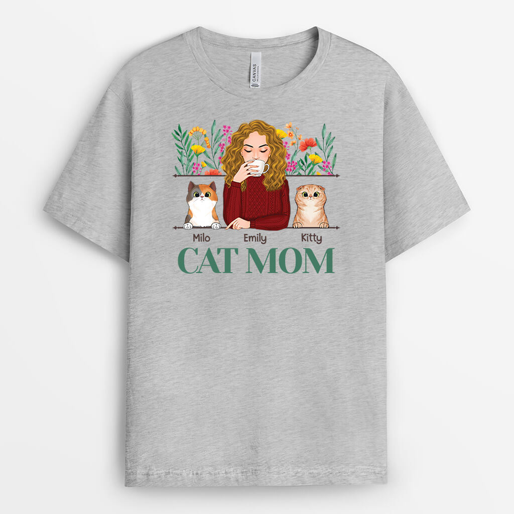 1534AUS1 personalized cat mom with flowers t shirt