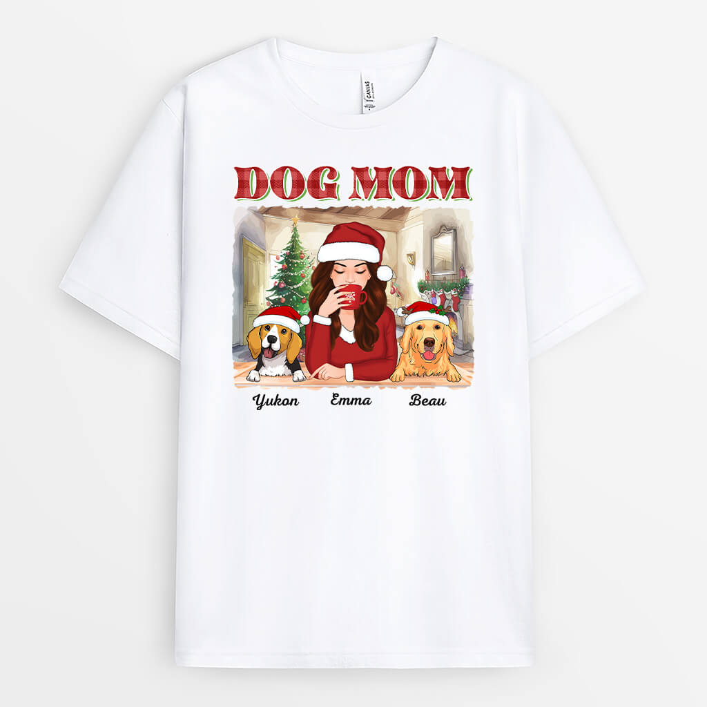 1544AUS1 personalized dog mom sipping christmas t shirt