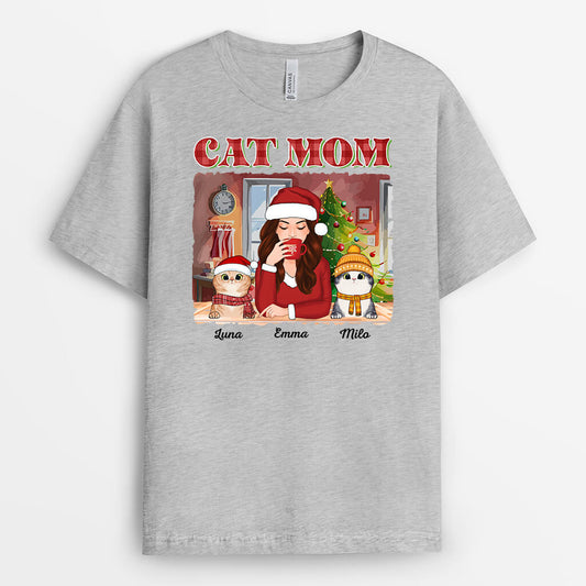 1544AUS2 personalized cat mom sipping christmas t shirt