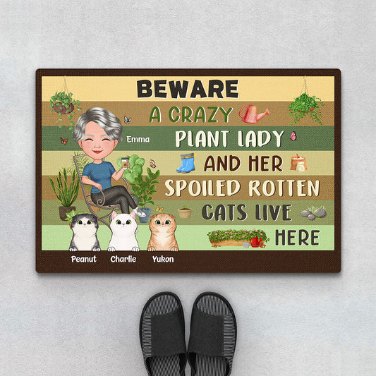 1856DUS1 personalized beware a crazy plant lady her spoiled rotten cats live here doormat