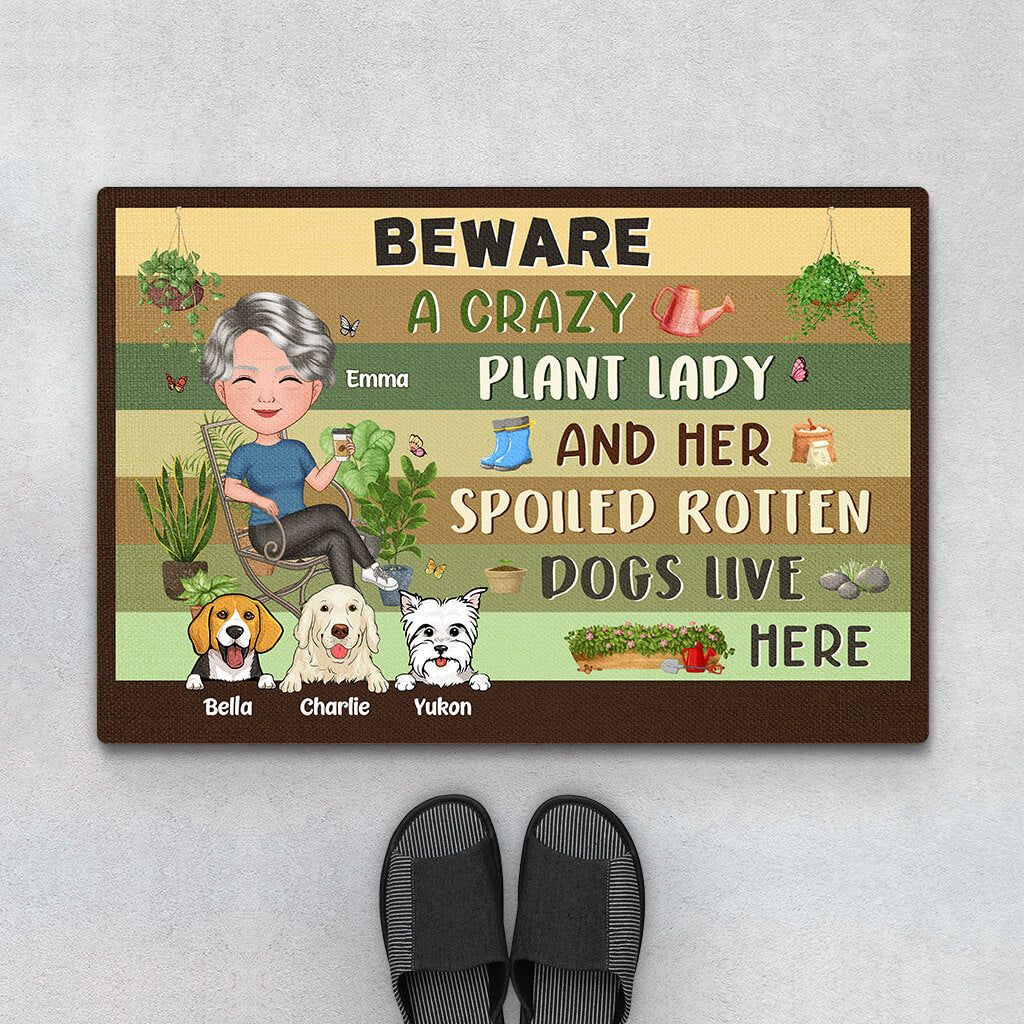 1856DUS1 personalized beware a crazy plant lady her spoiled rotten dogs live here t shirt