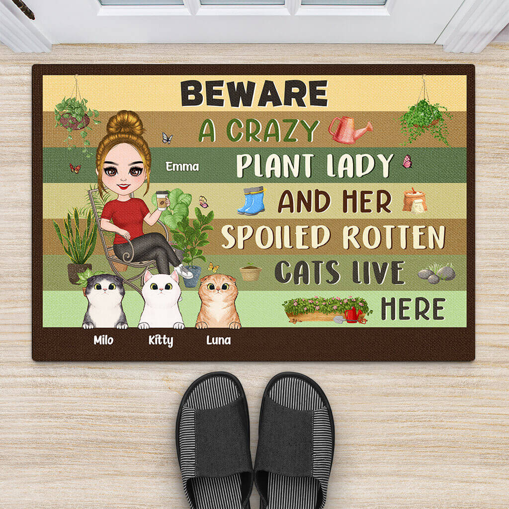 1856DUS2 personalized beware a crazy plant lady her spoiled rotten cats live here doormat