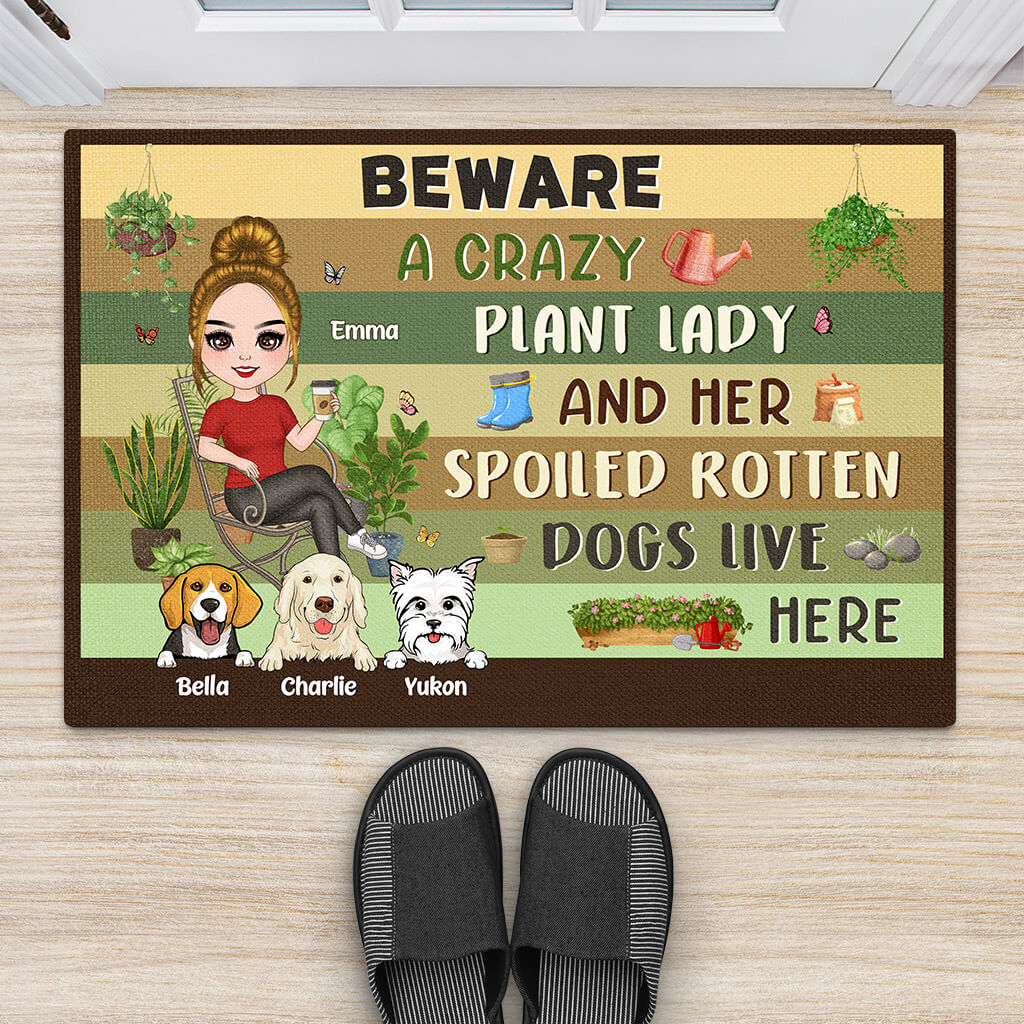 1856DUS2 personalized beware a crazy plant lady her spoiled rotten dogs live here t shirt