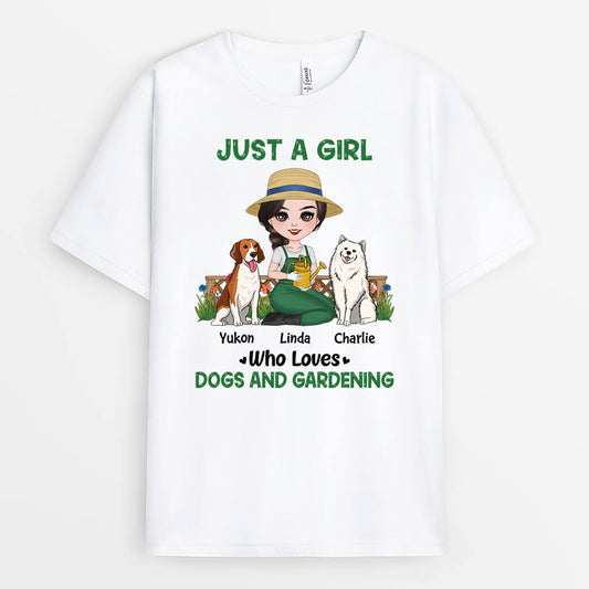 1859AUS1 personalized just a woman who loves dogs and gardening t shirt