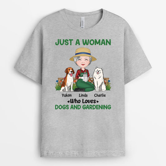 1859AUS2 personalized just a woman who loves dogs and gardening t shirt