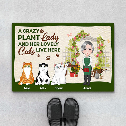 1863DUS1 personalized a crazy plant lady and her lovely cats live here doormat
