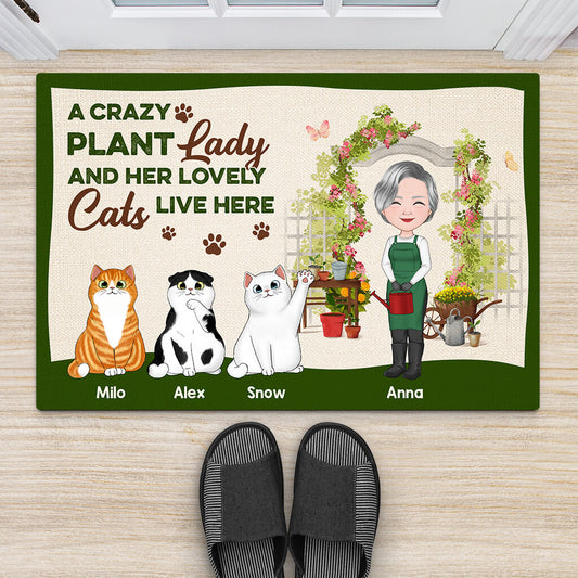 1863DUS2 personalized a crazy plant lady and her lovely cats live here doormat
