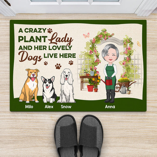 1863DUS2 personalized a crazy plant lady and her lovely dogs live here doormat