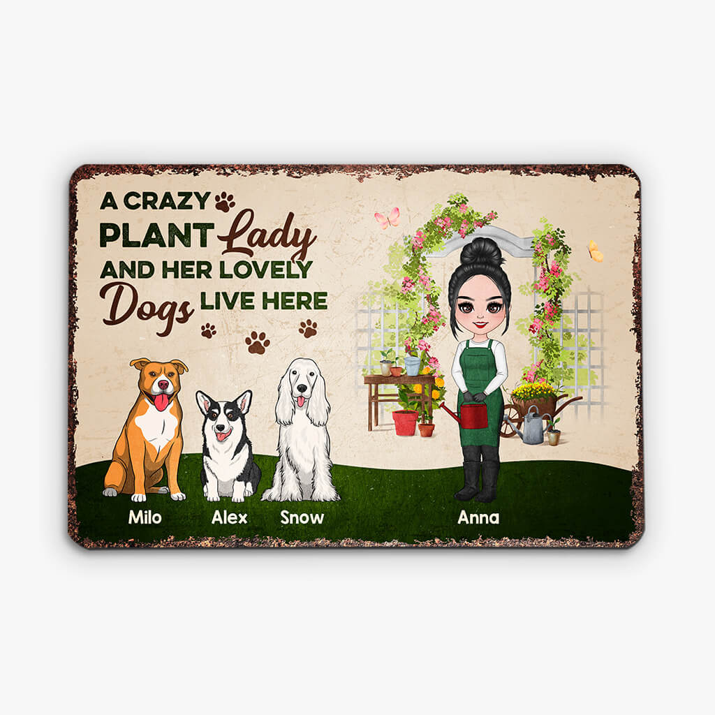 1863EUS2 personalized a crazy plant lady and her lovely dogs live here metal sign