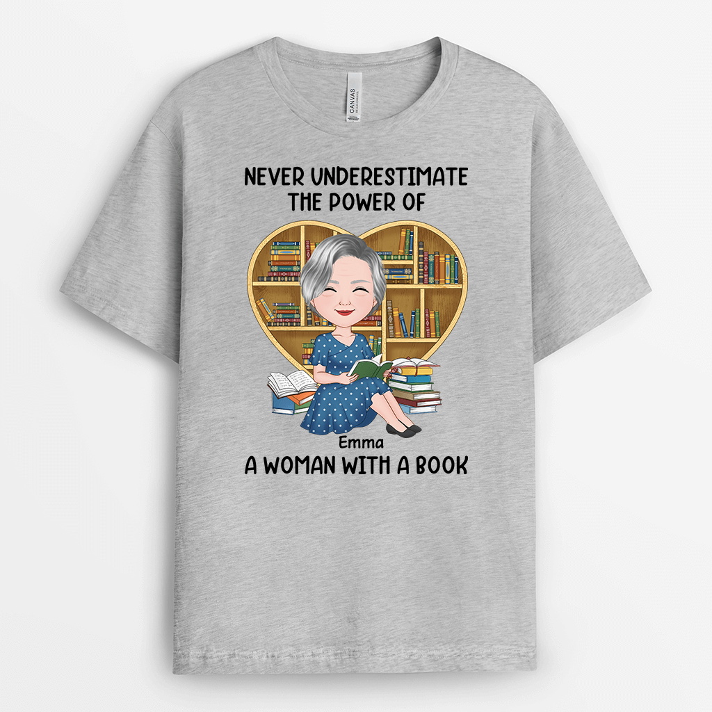 1867AUS2 personalized never underestimate the power of a woman with a book t shirt