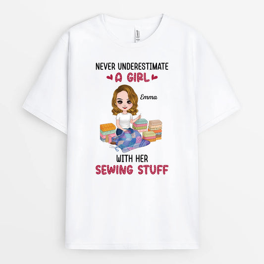 1904AUS1 personalized never underestimate a woman with her sewing stuff t shirt