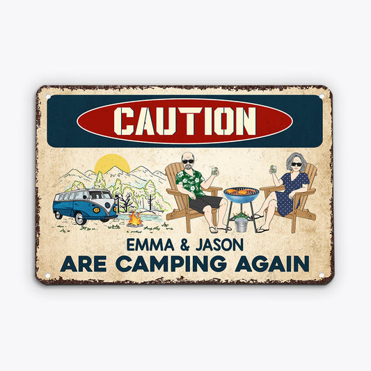 2052AUS1 personalized caution they are camping again metal sign