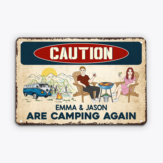 2052AUS2 personalized caution they are camping again metal sign