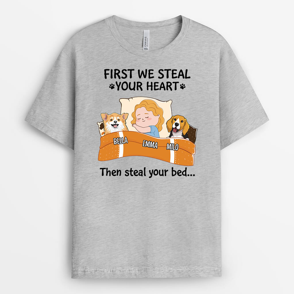 2272AUS2 personalized we steal your heart first then we steal your bed dog t shirt