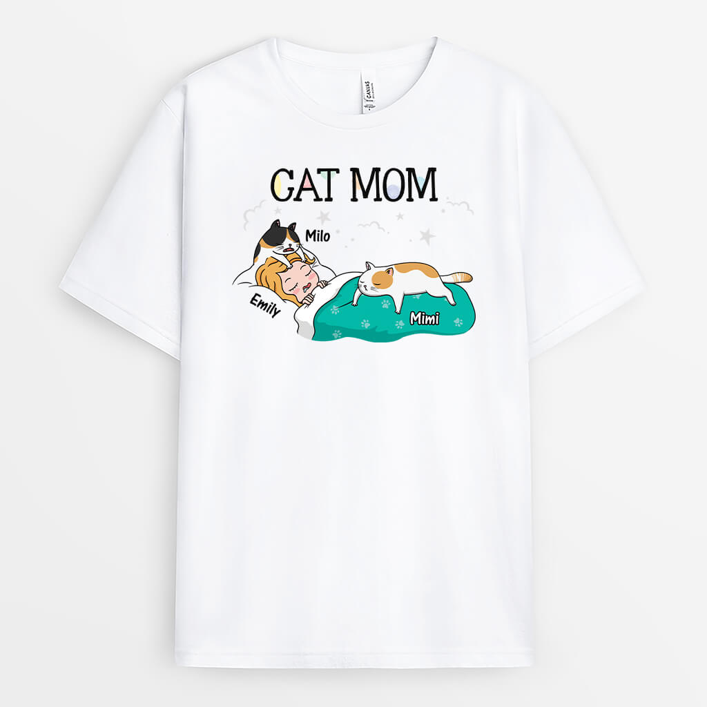 3124AUS1 cat mom sleeping cute t shirt  personalized gifts for cat lovers