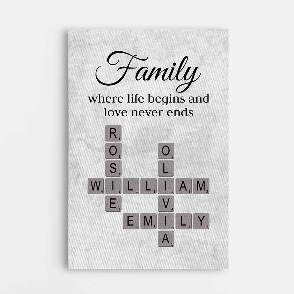 3591CUS1 family where life begins and love never ends  custom crossword canvas print