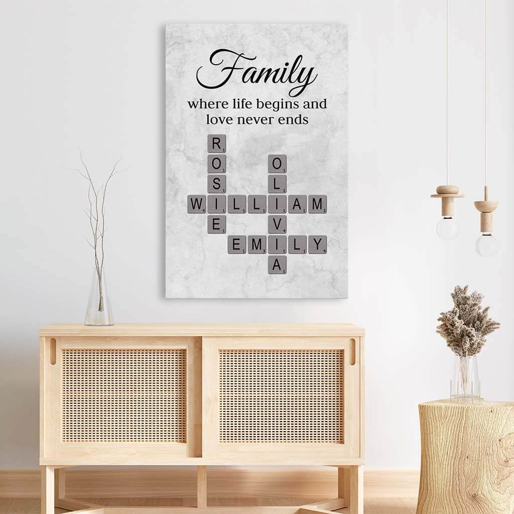 3591CUS3 family where life begins and love never ends  custom crossword canvas print