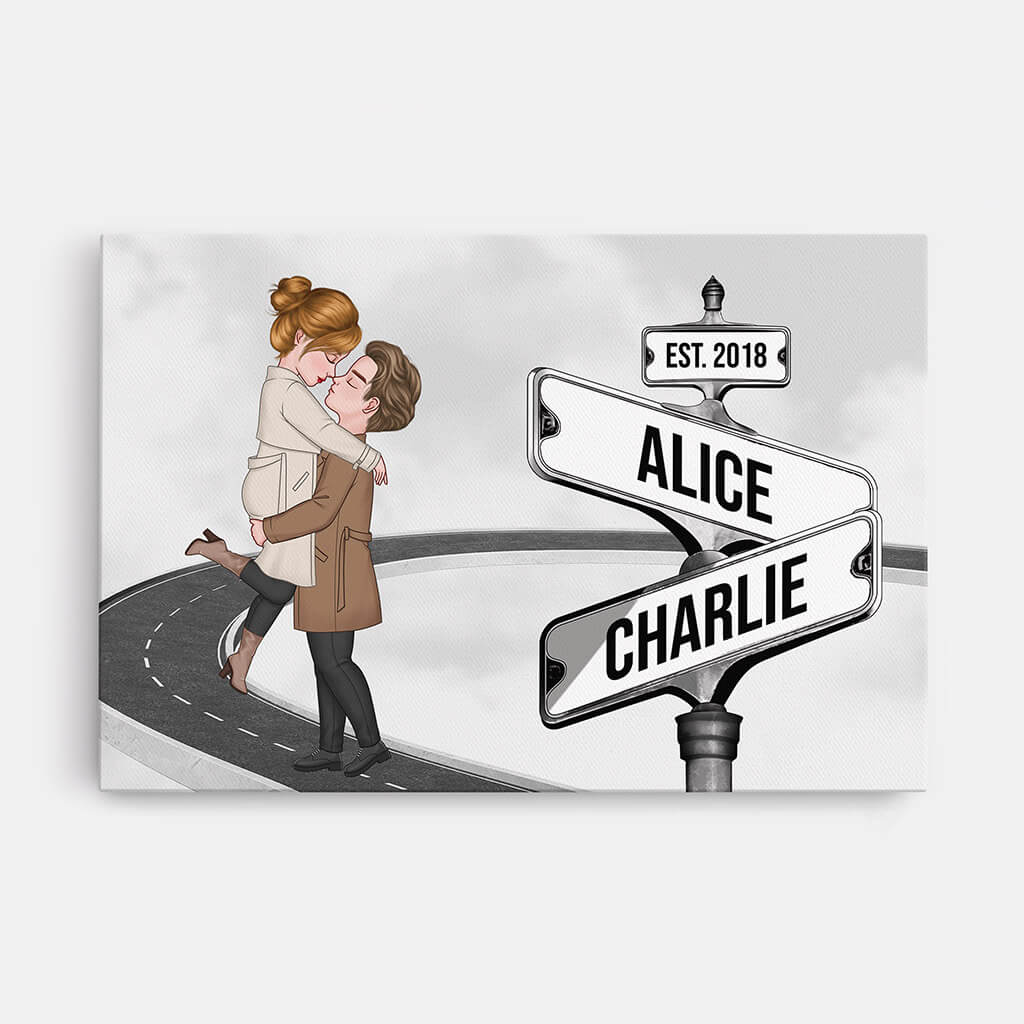 3699CUS1 vintage street sign couple kissing canvas  personalized presents for couples